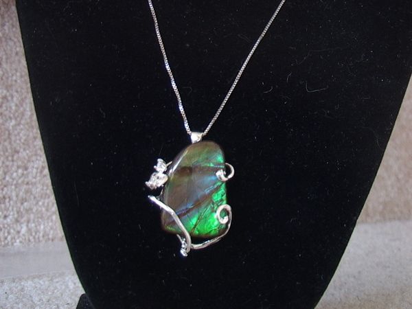 Freeform Ammolite Pendant in Silver Stunning Blue/Green 1x1  