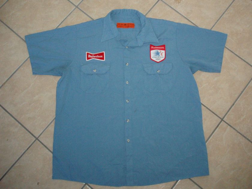 vtg BUDWEISER WORKSHIRT 80s 1984 Olympics L.A. patch 2X  