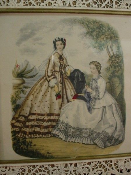 Antique 1800s COLORED FRENCH FASHION ETCHING Coudouze ENAMEL DOILY 