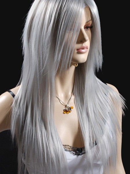 C009 Damen Silber Gerade Anime Cosplay Lange Perücke 66cm  