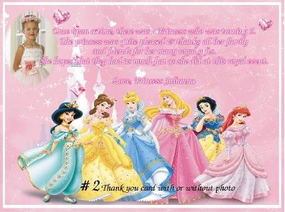 10 PERSONALIZED PRINCESS INVITATIONS OR THANK YOUS  