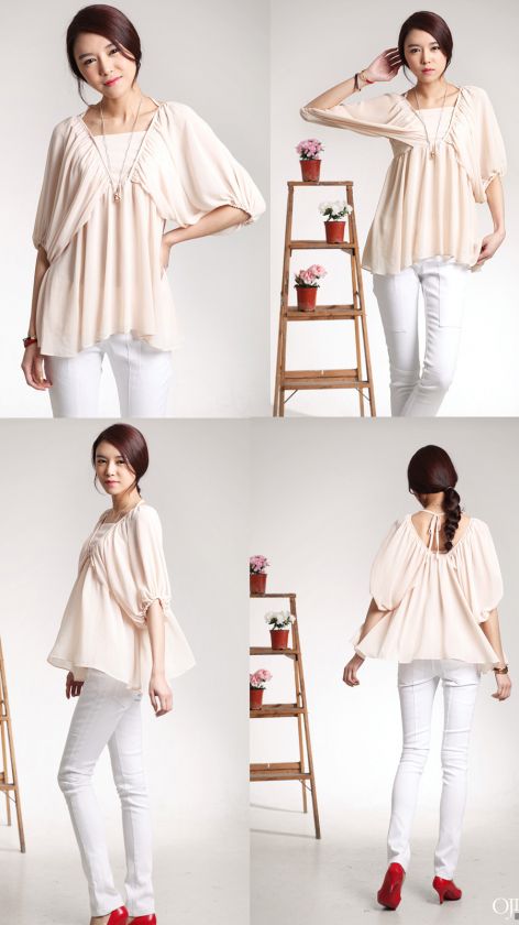 J143 WOMEN PEACH CHIFFON BLOUSE BATWING balloon sleeve  