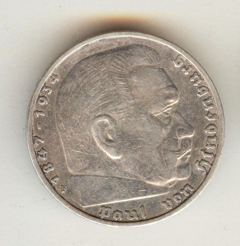 1935 F 5 Mark Paul Von Hindenburg .900 Third Reich Germany  