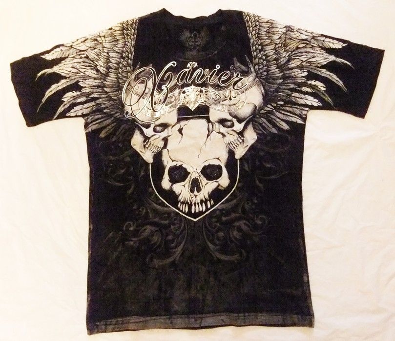 Mens Xzavier Unltd. T Shirt Distressed Wash Winged Royal Skulls 