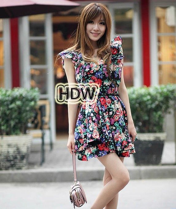 Korean sexy V neck Floral party cocktail Dress sleeveless ladies wear 