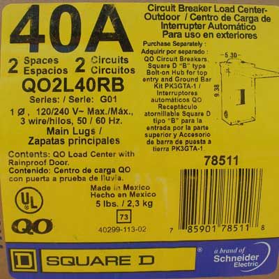 Square D QO2L40RB Main Lug Load Center 40A 2Sp 240V N3R  