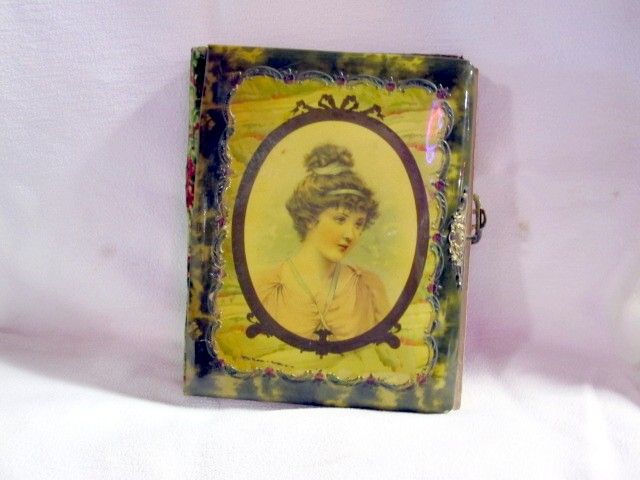 Antique Celluloid Photo Album w Brass Latch and Photos  