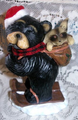 Northwood BEAR in Santa HAT & RACCOON 6 Resin FIGURINE  