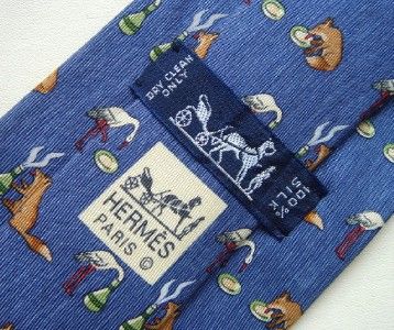 Hermes Tie Necktie Fox & Stork on Blue # 7786 FA  