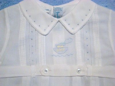 HAND~EMBROIDERED BLUE OR WHITE BOYS CREEPER/ROMPER WITH BOAT~3M,6M~NWT 