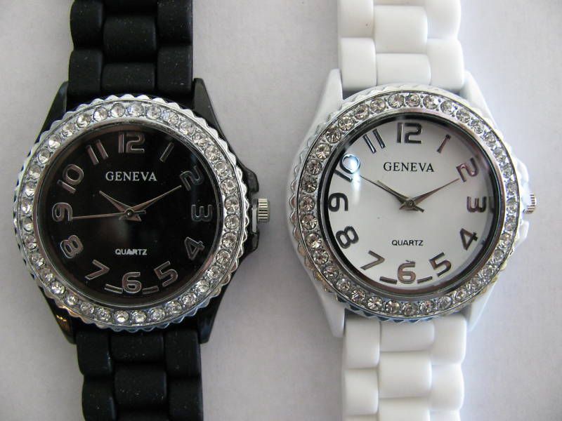 WHITE or BLACK SILICONE JELLY RUBBER Rhinestone watch  