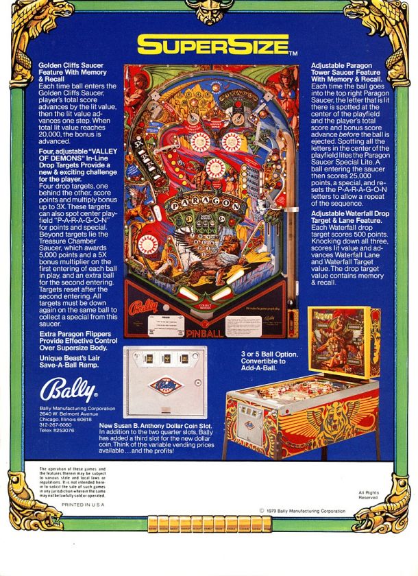 Paragon Pinball Foldout Flyer NOS MINT FREE US SHIPPING  