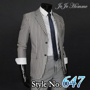 Mens Skinny Slim Fit Gray Stripe 2Btn Suit Tuxedo US36R  