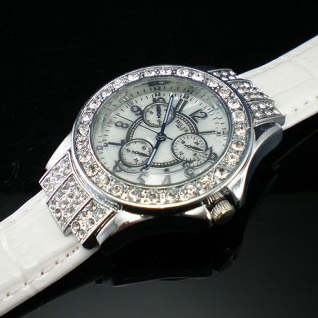   Leather Lady Women Bling Gemstone Wrist Watch   