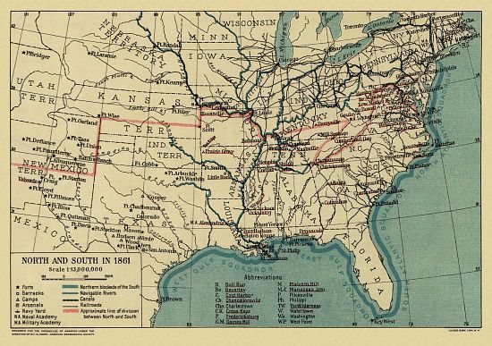 Civil War Map North And South In 1861  