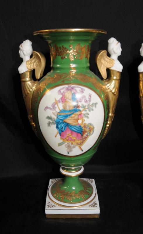 Pair Sevres Porcelain Bisque Maiden Vases Urns  