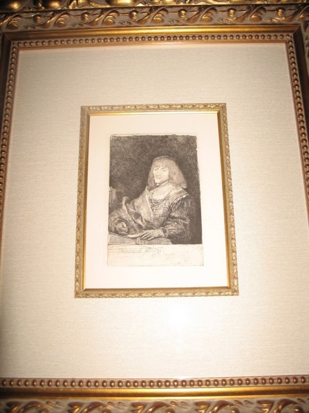 REMBRANDT VAN RIJN COPPER PLATE ETCHING MAN AT A DESK WEARING A CROSS 