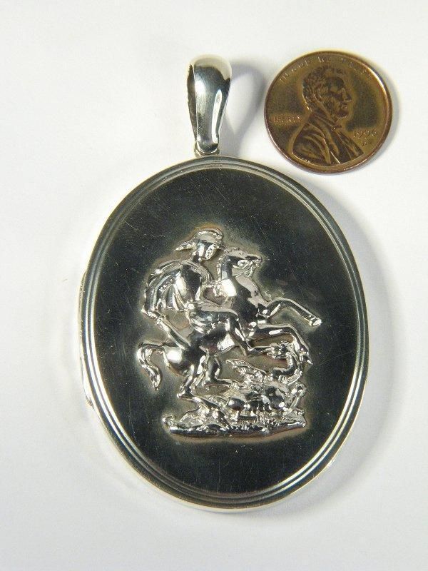 QUALITY ANTIQUE ENGLISH SILVER ST GEORGE LOCKET PENDANT  