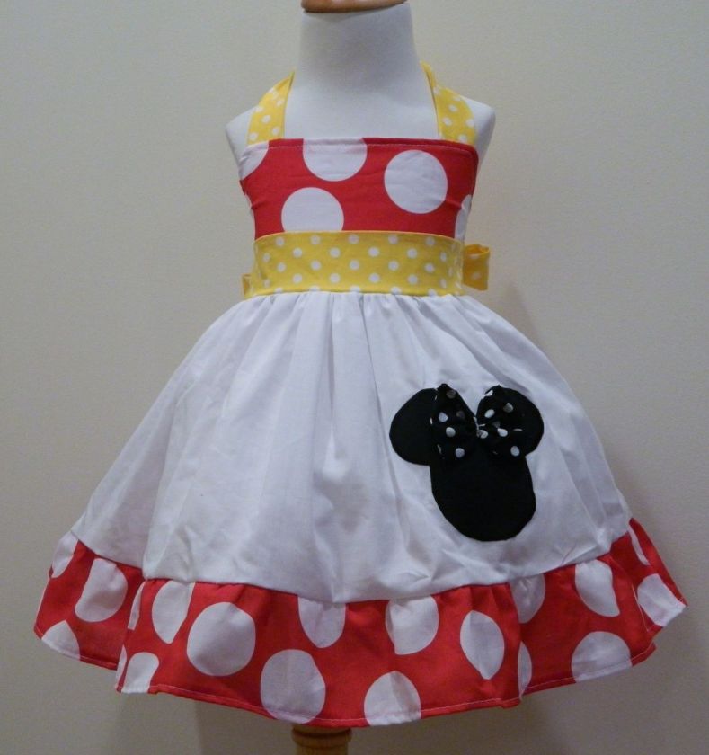 GIRLS HALTER MINNIE MOUSE YELLOW & RED WHITE POLKADOT DRESS SIZES FROM 