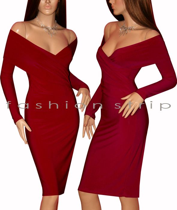 RED V NECK BARED SHOULDER LONG SLEEVE DRESS  