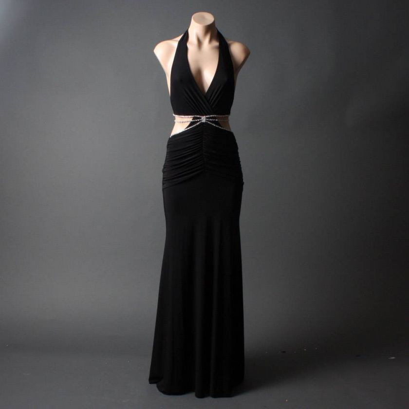 Long Halter Rhinestone Cut Out Black Trim Evening Dress M Size  