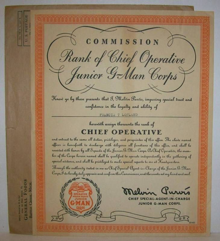 RARE 1936 MELVIN PURVIS G MAN OPERATIVE CERTIFICATE  