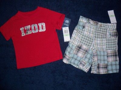 IZOD BOYS OUTFIT RED SHIRT BLUE PLAID SHORTS 18M NWT  