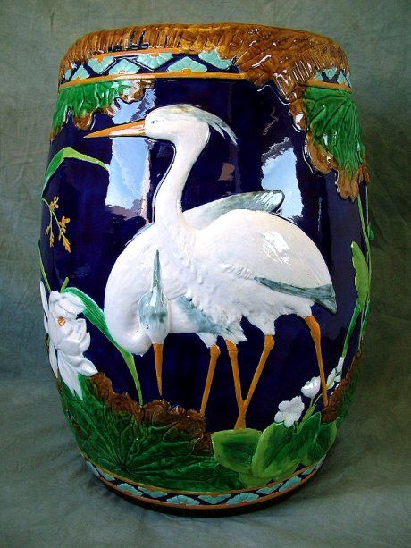 George Jones Majolica storks & swallows garden seat  