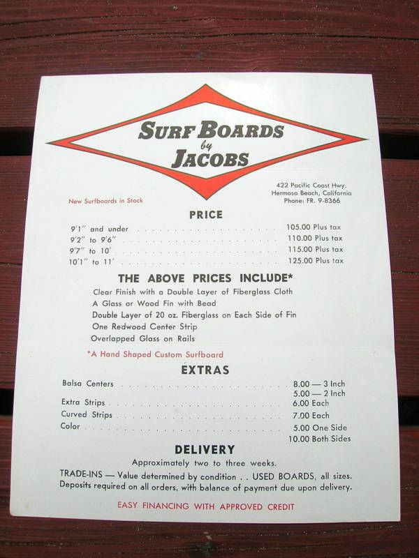 Vintage Surfboards jacobs price list surfboard 1960s  