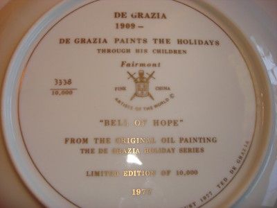 VINTAGE DE GRAZIA BELL OF HOPE PORCELAIN PLATE 1977  