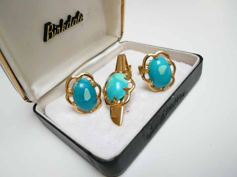 BIRKDALE Vintage Set Cufflinks Tiffany Blue Stones; Box  