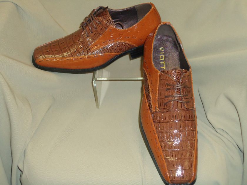 Mens Cognac Rust & Brown Stitch/Croc Look Dress Shoes  