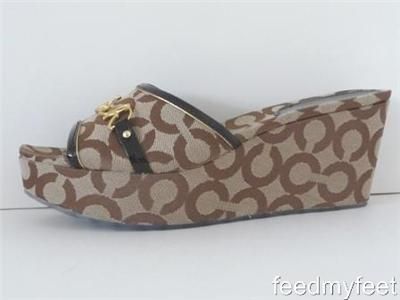 Coach Carissa Brown Khaki Signature Op Art Gold Sandals Wedges Shoes 