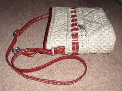 Brighton CARMELA Straw Natural Weave RED Leather Trim Tote Purse 