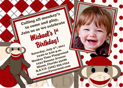 Sock Monkey Birthday Shower Invitation   Printable File  