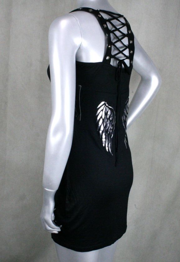 AFFLICTION SINFUL womens LOLA dress black Silver foil Wings lace up 