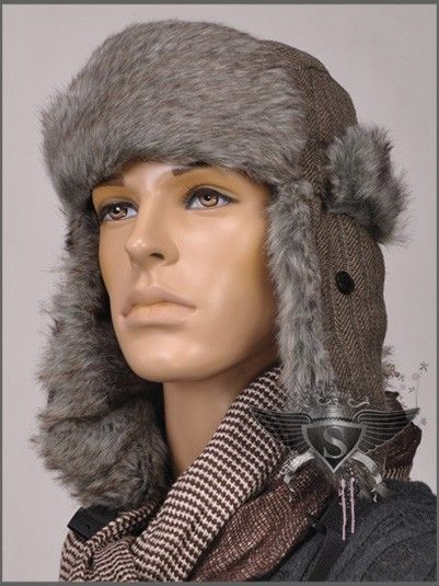 AM Gray Khaki Thick Winter Cosy Men Hat Fur Earflaps Snowy Hunter 