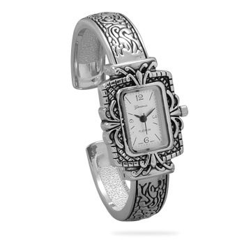 Silver Tone Scroll Rectangle Face Cuff Watch  