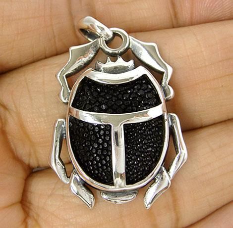 SCARAB EGYPT BEETLE STINGRAY SKIN 925 SILVER PENDANT  