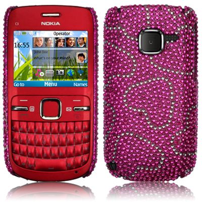 PINK LOVE HEARTS DIAMANTE BLING CASE COVER FOR NOKIA C3  
