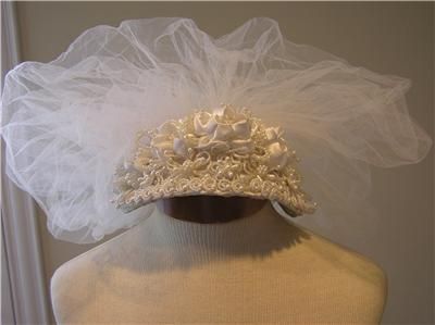 Vintage Wedding Bridal pageant pearl satin flower tiara and puff veil 