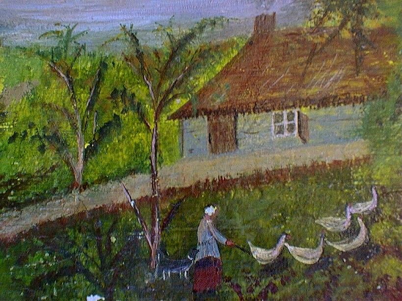 OIL PAINTING FRENCH PRIMITIVE XIXC DOG GEESE HERDER  