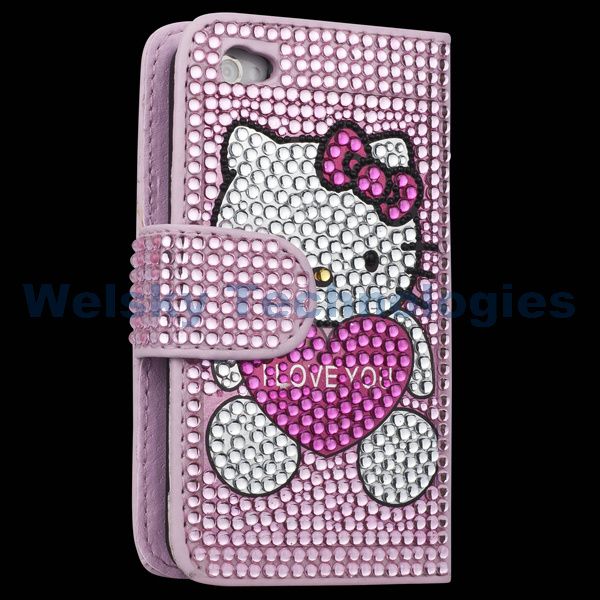 Bling Crystal Hello kitty Flip Hard leather Case for iPhone 4S 4 4G 