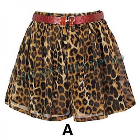 Women High Waist Shorts Chiffon Leopard Polka Dots Pleated Mini Skirt 