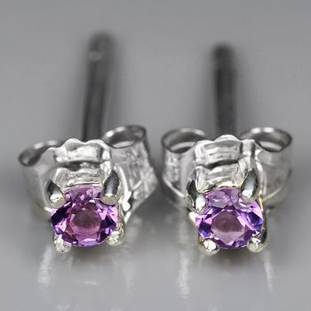 NATURAL 0.10ct 2.7mm. ROUND AMETHYST SILVER EARRINGS  