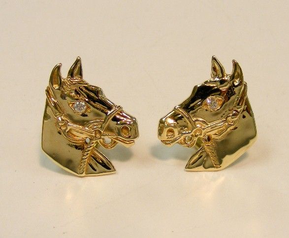 LYDA LEWIS 14K GOLD DIAMOND HORSE OMEGA BACK EARRINGS *  