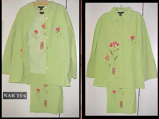 3pc Kaktus Jacket Tee Capri Lime Painted Floral NWT 1X $102  