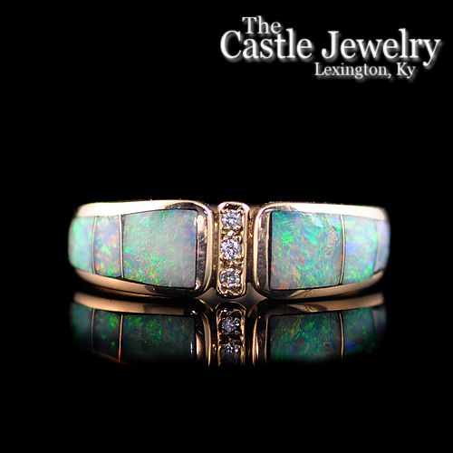 Opal Inlay .03 CTTW Round Diamond Strip 14 Karat Gold Ring  