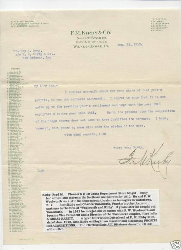 Kirby   F W Woolworth   Partner 1912 RARE letter  