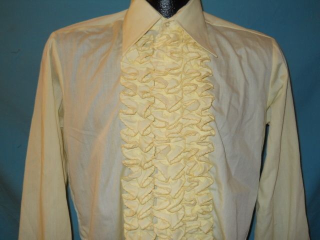 vtg 70s TUX TUXEDO MENS RUFFLE RUFFLED YELLOW SHIRT S  